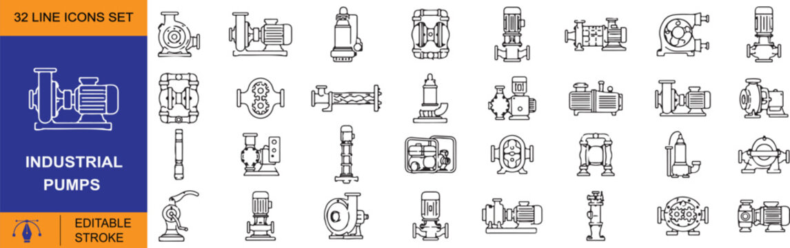 Industrial Pumps Vector Outline Icons Set &ndash; Centrifugal, Diaphragm, Gear and Vacuum Pump Line Symbols Collection