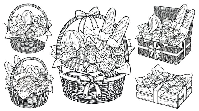 Vintage bakery basket vector set, hand drawn bread and pastry hamper collection, rustic wicker baskets with baguettes and croissants