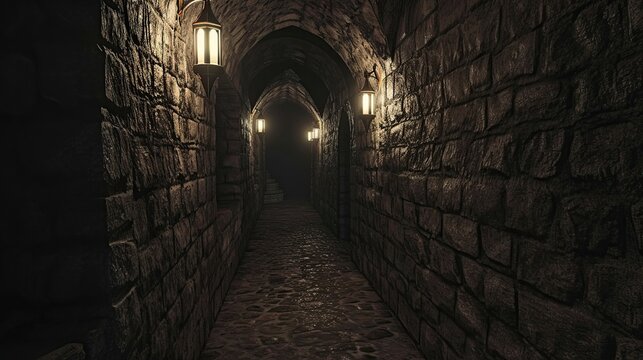 Atmospheric medieval dungeon corridor bathed in dim torchlight along rough stone walls