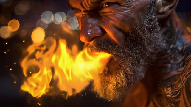 Bearded man breathes vibrant flames in dramatic night scene with glowing bokeh background