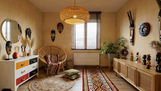 Bohemian style room interior with tribal masks and rattan furniture, bohemian