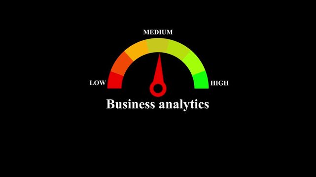 Gauge needle moving towards high level with business analytics text caption graphic.