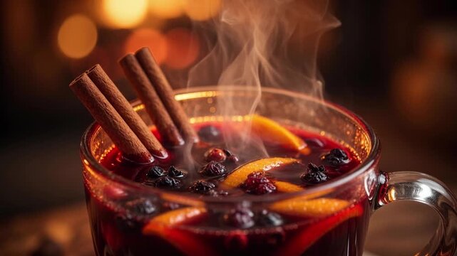 Steaming hot mulled wine with cinnamon sticks and orange slices in front of a fireplace