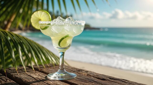 Fresh margarita cocktail with lime and ice on a rustic wooden table at a tropical beach
