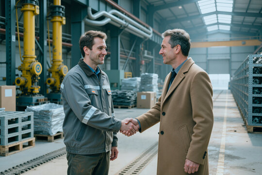 Caucasian factory worker and middle aged businessman shaking hands in industrial warehouse, confirming partnership and supply agreement. Ideal for manufacturing, B2B, logistics marketing