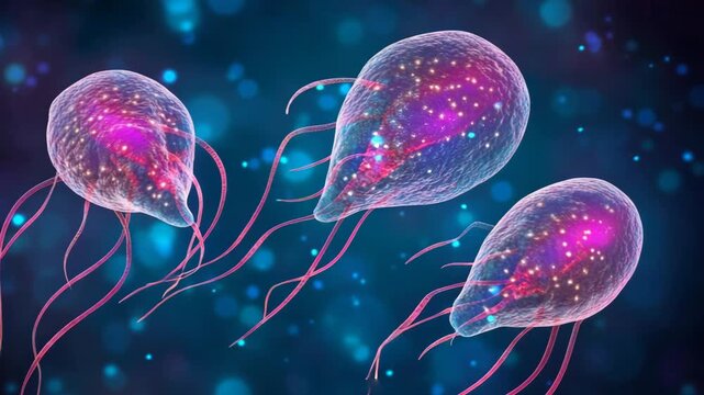 selective focus scientific microscopic view of Giardia flagella motion animation
