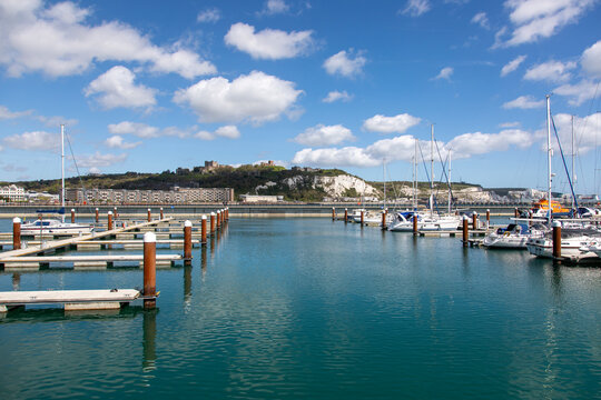 Dover Castle and the white cliffs from the Marina, Dover, Kent, England