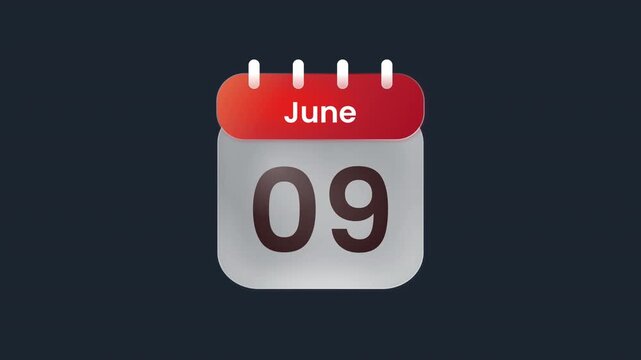 Looping June Calendar Date 09 9th Animation with Monthly Planning Calendar Icon Prores Alpha Channel 4K 60fps