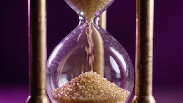 Sand timer clock showing sand flowing in closeup view with light background
