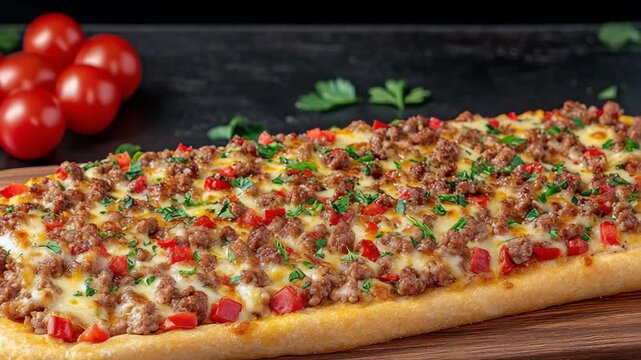 selective focus Turkish pide sandwich with melted cheese and spiced beef video