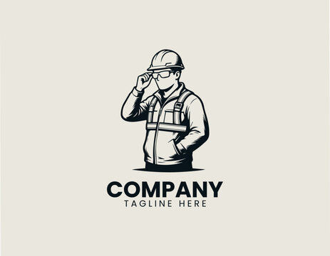 Professional construction worker wearing safety equipment black vector logo illustration style