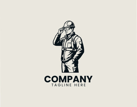 Professional construction worker wearing safety equipment black vector logo illustration style