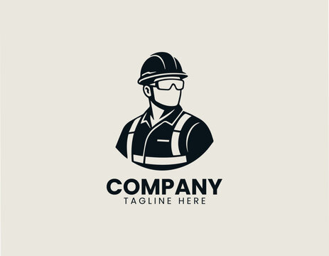 Professional construction worker wearing safety equipment black vector logo illustration style
