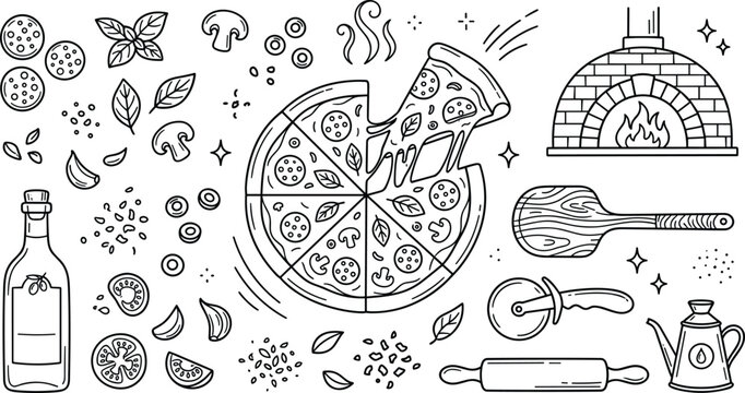 Hand Drawn Pizza Making Doodle Vector Set with Brick Oven, Ingredients, Olive Oil, Cutter, and Sliced Pizza Elements for Pizzeria Menu Designs
