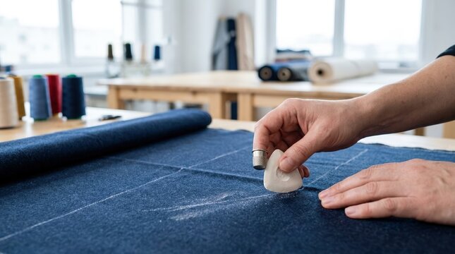 Tailor hand with thimble marking blue fabric with white chalk. Professional fashion designer drawing pattern lines on material in workshop