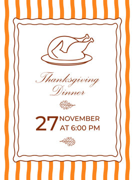 Thanksgiving Dinner Invitation Template with Roast Turkey and Autumn Leaves, Elegant Holiday Flyer Design