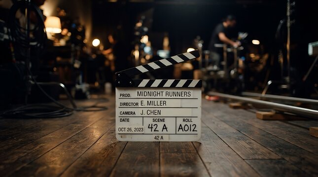 Film production clapperboard on wooden floor. Movie slate marking scene take for professional video recording.