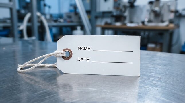 Blank white shipping label with string for packaging and delivery. Unbranded identification tag for parcels, inventory, and retail logistics.
