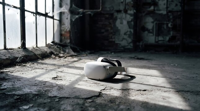 Abandoned VR headset left on cracked concrete floor. Futuristic tech device discarded in empty industrial space.