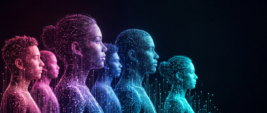 Digital avatars of diverse people made of glowing binary code and data lines on black background, perfect for artificial intelligence, virtual reality, and cyber security concepts