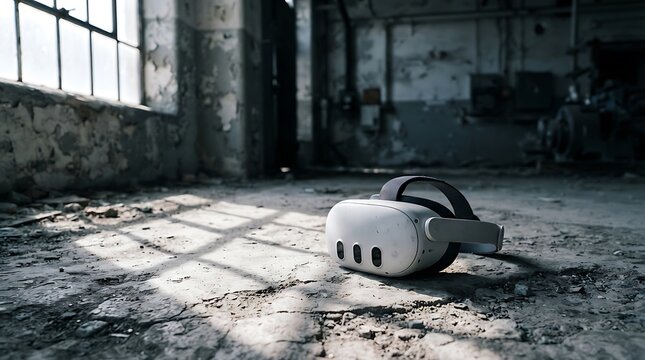 Abandoned VR headset on cracked concrete floor. Futuristic tech device discarded in empty industrial space.