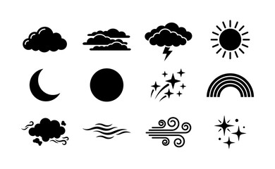 Obraz premium Weather and meteorological forecast line icons set, climate forecast symbol, weather event representation, meteorological phenomena icon, seasonal element sign.
