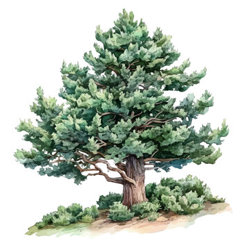 Watercolor vector illustration of Yew Tree, isolated on a white background.