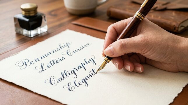 Hand practicing calligraphy with a wooden fountain pen on parchment paper. Elegant penmanship and classic cursive writing on a wooden desk