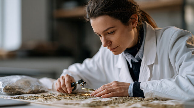 Forensic botanist examining dried plant specimens under a magnifying glass at a laboratory bench, evidence bags nearby, botanical analysis, crime scene investigation support,