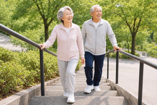 手すりを使って屋外の階段を安全に上る日本人シニア夫婦