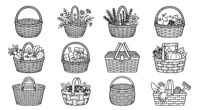 Vintage wicker basket vector set, hand drawn picnic and garden basket collection, 12 rustic woven hamper icons for harvest and grocery shopping