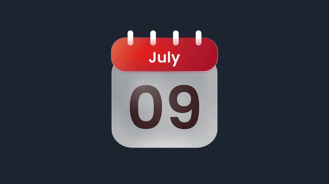 Looping July Calendar Date 09 9th Animation with Professional Schedule Calendar Icon Prores Alpha Channel 4K 60fps