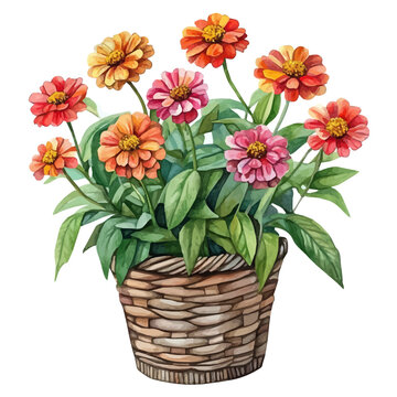 Zinnia Flower Basket, elegant watercolor vector illustration, isolated on a white background.