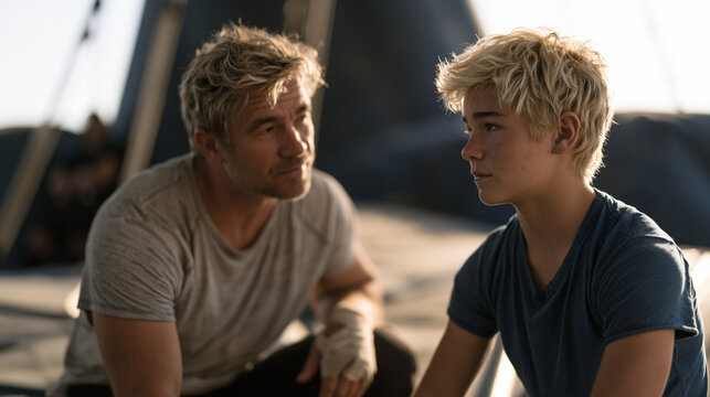 Stunt coordinator crouching on a film set explaining a fall sequence to a younger performer using a padded crash mat, safety rigging visible overhead, entertainment industry