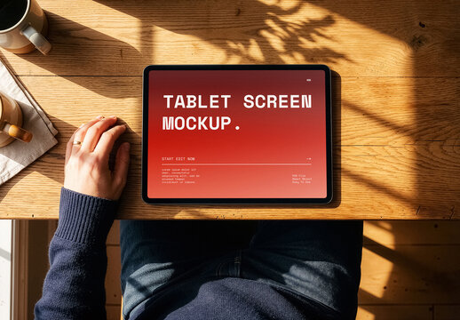 Tablet On Table Mockup With Hands Top View Device Scene