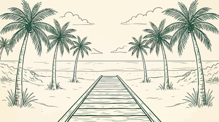 A serene Hand-drawn sketch of a wooden dock leading to the ocean lined with palm trees on a sunny day at the beach. © Crushin
