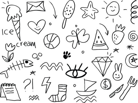 Doodle cute kids elements. Hand drawn preschool kindergarten doodle icons set.
