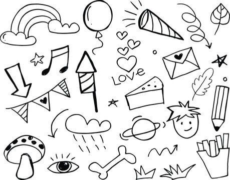 Doodle cute kids elements. Hand drawn preschool kindergarten doodle icons set.
