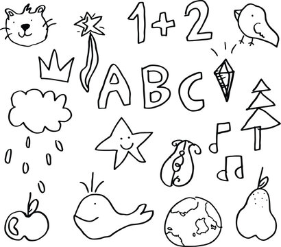 Doodle cute kids elements. Hand drawn preschool kindergarten doodle icons set.