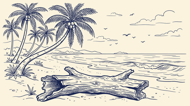 A Hand-drawn sketch of a serene beach scene with palm trees and driftwood