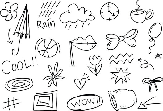 Doodle cute kids elements. Hand drawn preschool kindergarten doodle icons set.