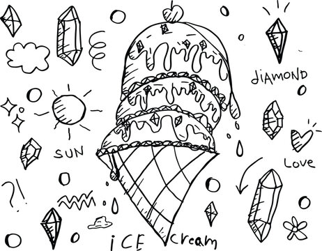 Ice cream icon, Doodle cute kids elements. Hand drawn preschool kindergarten doodle icons set.