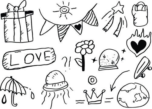 Doodle cute kids elements. Hand drawn preschool kindergarten doodle icons set.