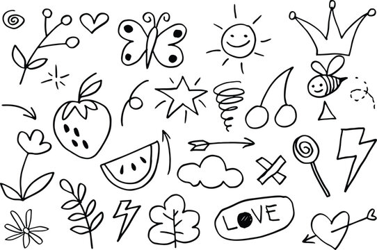 Doodle cute kids elements. Hand drawn preschool kindergarten doodle icons set.