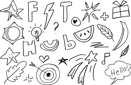 Doodle cute kids elements. Hand drawn preschool kindergarten doodle icons set.