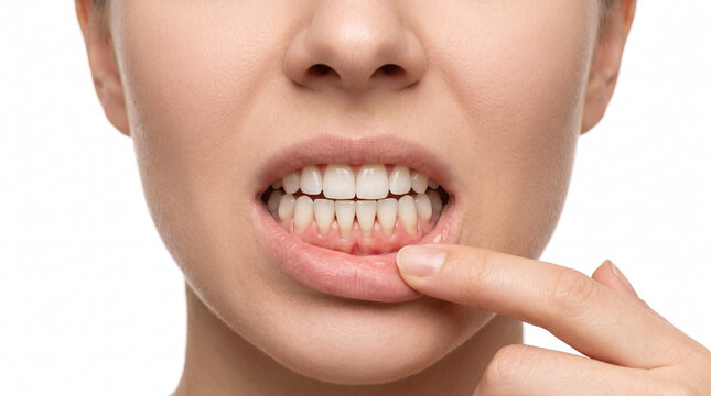 Close up of advanced gum recession exposing lower front tooth roots isolated on white background for periodontal healthcare awareness and professional dental education