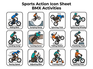 Obraz premium Icon sheet showcasing twelve distinct BMX bike activities and postures in rounded square frames
