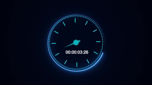 Countdown timer animation with blue neon digital clock face layout. Countdown timer time measurement tracking dial. Countdown timer scheduling platform.