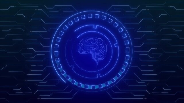 Circular interface animation with blue brain circuit board pattern. Circular interface artificial intelligence data analyzer. Circular interface computing system.