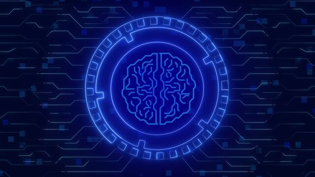 Brain icon animation inside blue neon circuit board circle frame. Brain icon artificial intelligence computing module. Brain icon digital logic computer tech.